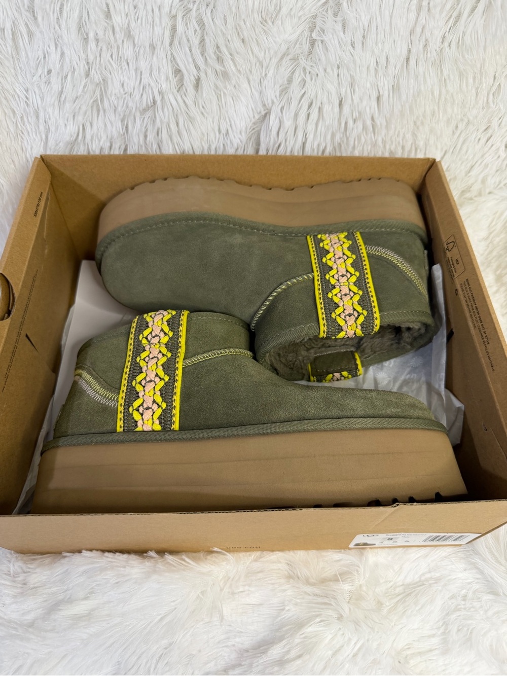 UGG Olive Green Suede Platform Slipper with Yellow-Pink Braided Trim